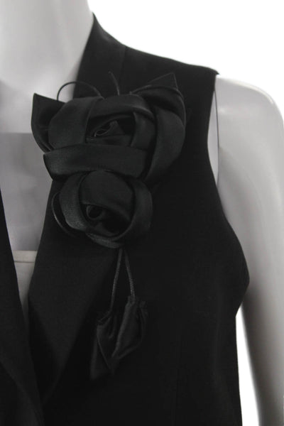 Theo Women Black Polyester V Neck Sleeveless Vest Flower Size S