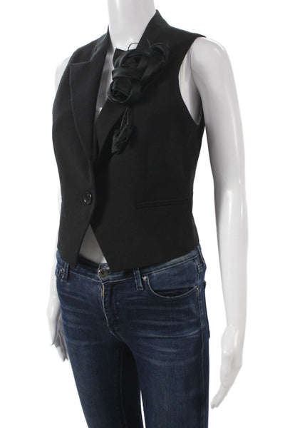 Theo Women Black Polyester V Neck Sleeveless Vest Flower Size S