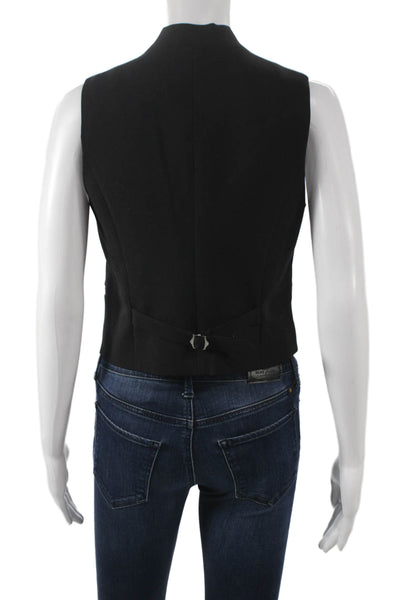 Theo Women Black Polyester V Neck Sleeveless Vest Flower Size S