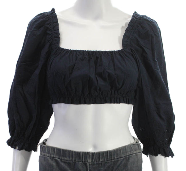 Birds of Paradis Women Cropped Floral 3/4 Sleeve Blouse Black Size S