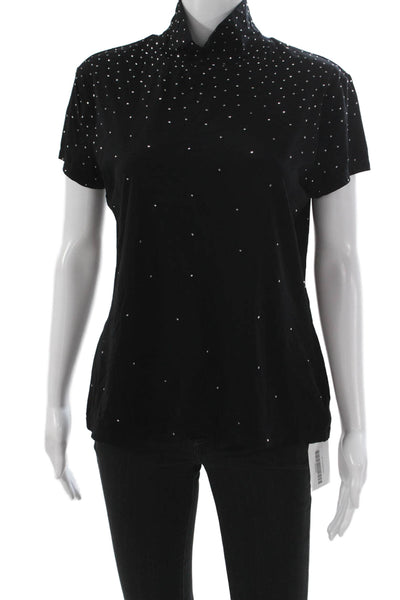St. John Women Black Mock Neck Short Sleeve Basic Blouse Polyester Size L