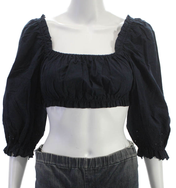 Birds of Paradis Women Cropped Black Floral Blouse Sq Neck 3/4 Sleeve Size XS