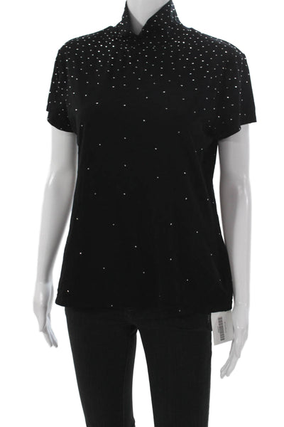 St. John Women Black Mock Neck Short Sleeve Basic Blouse Polyester Size L