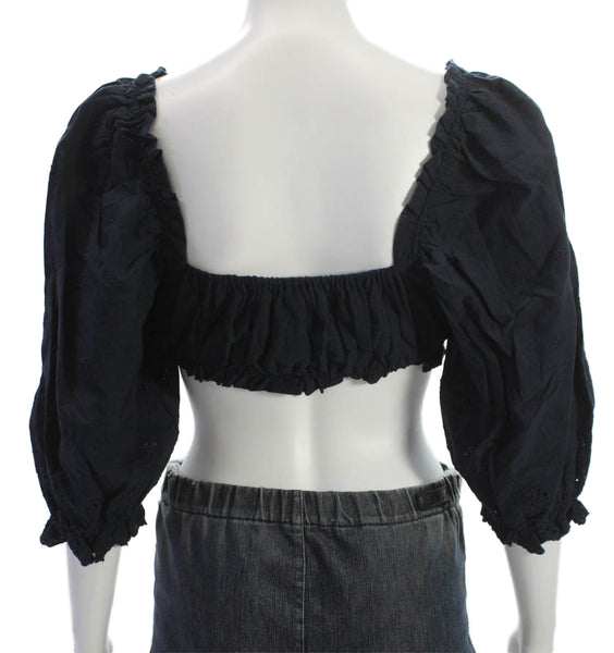 Birds of Paradis Women Cropped Black Floral Blouse Sq Neck 3/4 Sleeve Size XS