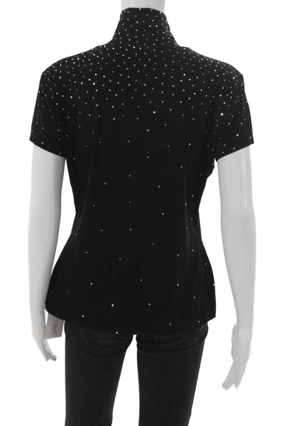 St. John Women Black Mock Neck Short Sleeve Basic Blouse Polyester Size L