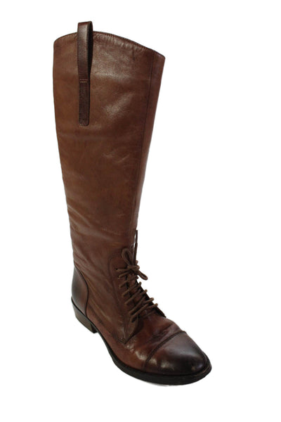 Saks Fifth Avenue Womens Leather Lace Up Knee High Boots Brown Size 7 Medium
