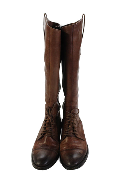 Saks Fifth Avenue Womens Leather Lace Up Knee High Boots Brown Size 7 Medium