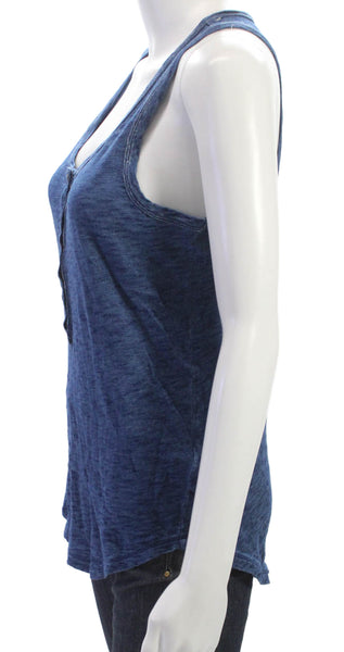 Hi-Line Madewell Women Basic Cotton Henley Button Sleeveless Tank Blue Size S
