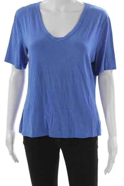 SoCa St. John Women Blue Cotton V-Neck Basic T-Shirt Short Sleeve Size L