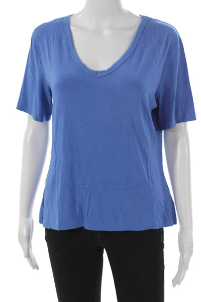 SoCa St. John Women Blue Cotton V-Neck Basic T-Shirt Short Sleeve Size L