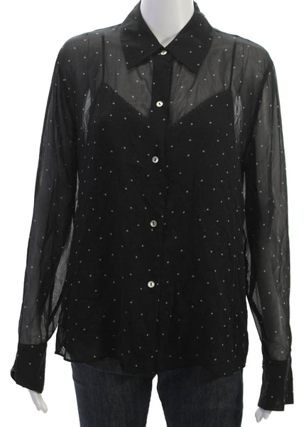 Vince Women Black Silk Polka Dot Collared Long Sleeve Basic Blouse Size L