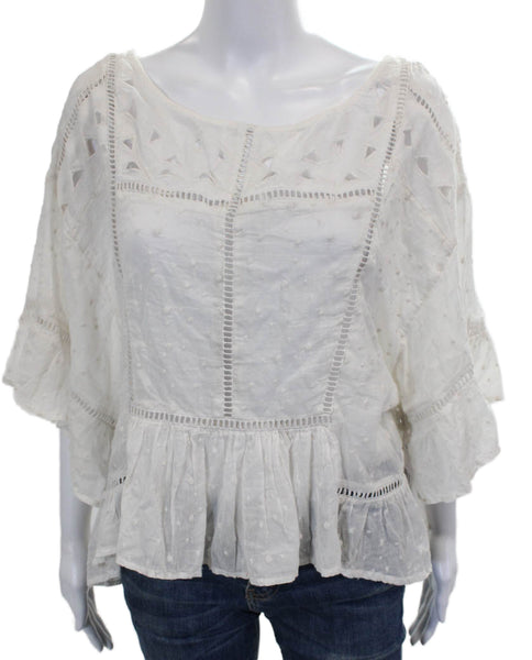 Free People Womens Cotton Polka Dot Boat Neck 3/4 Sleeve Blouse Size S