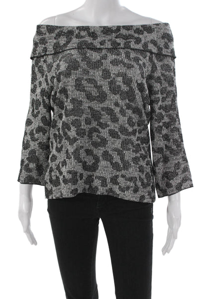 St. John Women Off Shoulder Animal Print Wool Blouse 3/4 Sleeve Size M