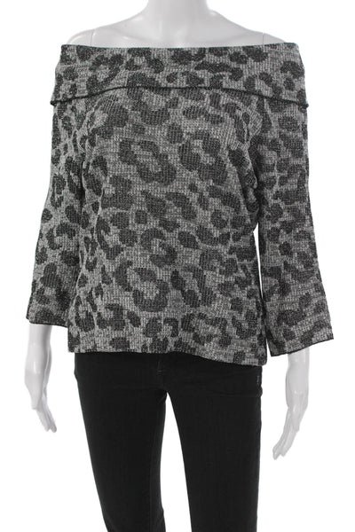 St. John Women Off Shoulder Animal Print Wool Blouse 3/4 Sleeve Size M
