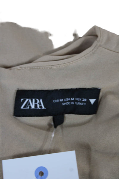 Zara Womens Bodycon Dress Beige Sleeveless Zip Round Neck Size M