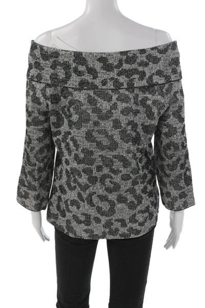 St. John Women Off Shoulder Animal Print Wool Blouse 3/4 Sleeve Size M