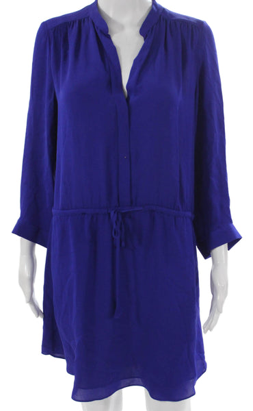 Babaton Womens Silk Shirt Dress Blue V-Neck Long Sleeve Button Size M