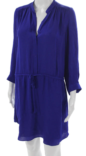 Babaton Womens Silk Shirt Dress Blue V-Neck Long Sleeve Button Size M
