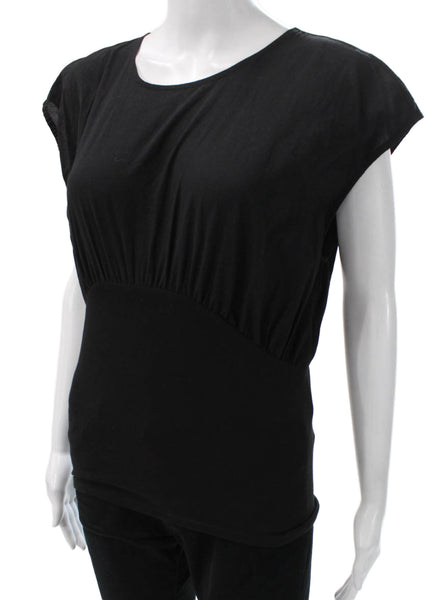 ATM Women Blouse Black Cotton Scoop Neck Short Sleeve Solid Size M