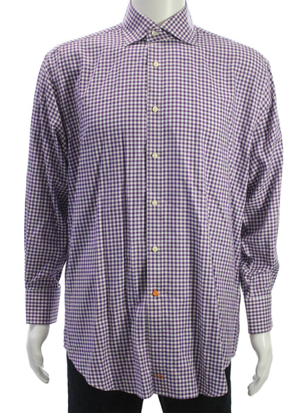 Thomas Dean Mens Check Print Buttoned Long Sleeve Top Purple Size L