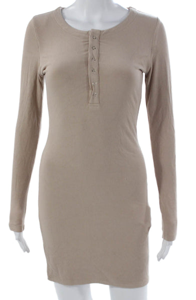 SNDYS. Women Bodycon Henley Dress Beige Long Sleeve Knee Length Button Size S