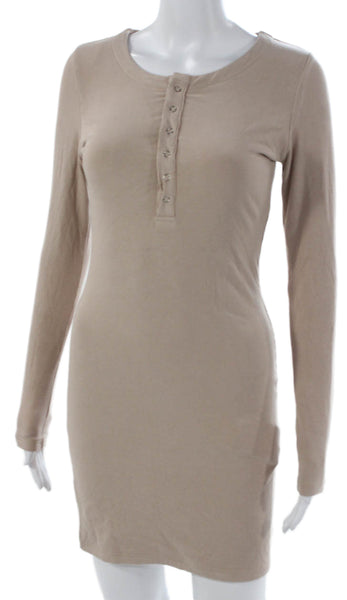 SNDYS. Women Bodycon Henley Dress Beige Long Sleeve Knee Length Button Size S