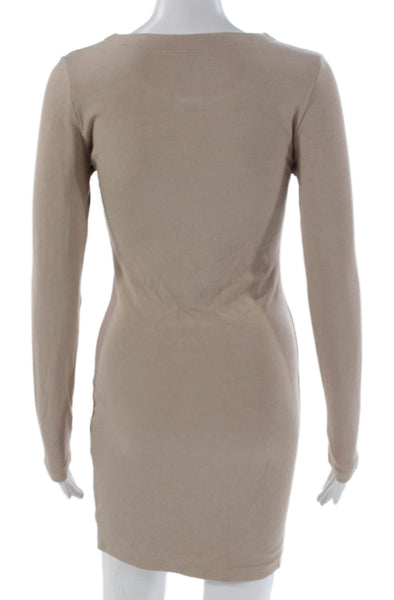 SNDYS. Women Bodycon Henley Dress Beige Long Sleeve Knee Length Button Size S