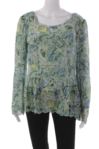 Indigo Palms Women Silk Paisley Tunic Blouse Multicolor Long Sleeve Size L