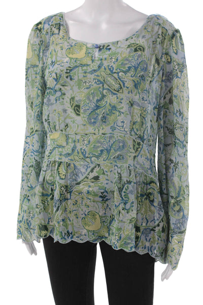 Indigo Palms Women Silk Paisley Tunic Blouse Multicolor Long Sleeve Size L