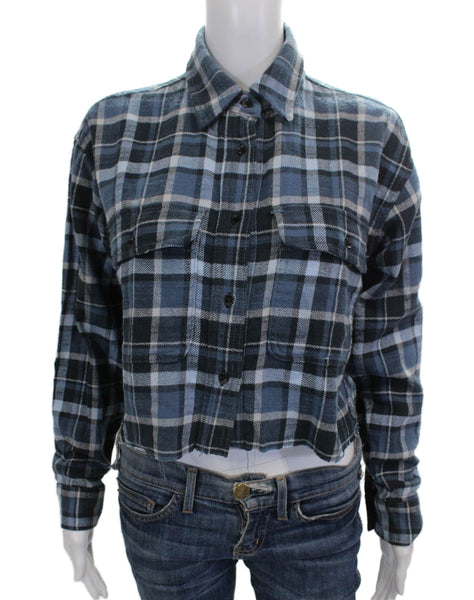 ASKKNY Women Cropped Plaid Cotton Button-Up Top Long Sleeve Blue Size S