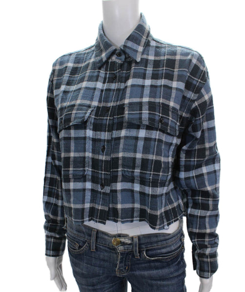 ASKKNY Women Cropped Plaid Cotton Button-Up Top Long Sleeve Blue Size S