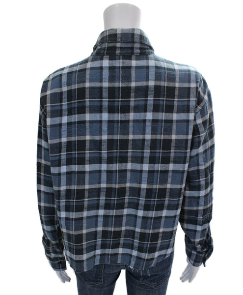ASKKNY Women Cropped Plaid Cotton Button-Up Top Long Sleeve Blue Size S
