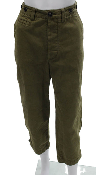 Zara Womens Cropped Cotton Pants Green Button Size XS
