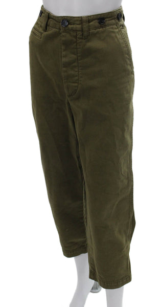 Zara Womens Cropped Cotton Pants Green Button Size XS