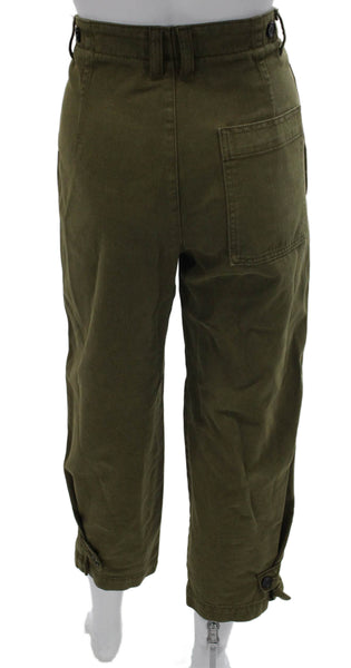Zara Womens Cropped Cotton Pants Green Button Size XS