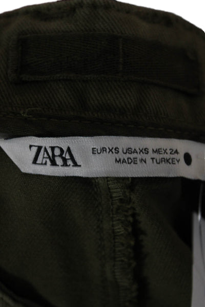 Zara Womens Cropped Cotton Pants Green Button Size XS