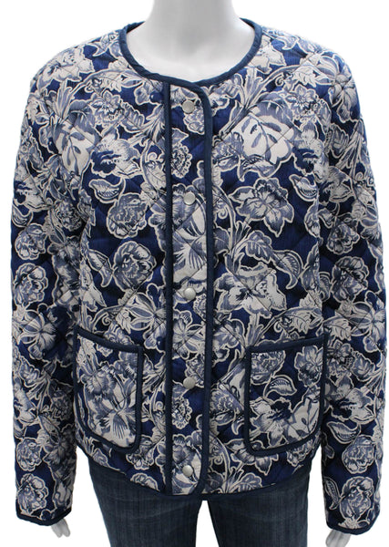 Rachel Zoe Women Blue Quilted Floral Cotton Jacket Button Long Sleeve Size L