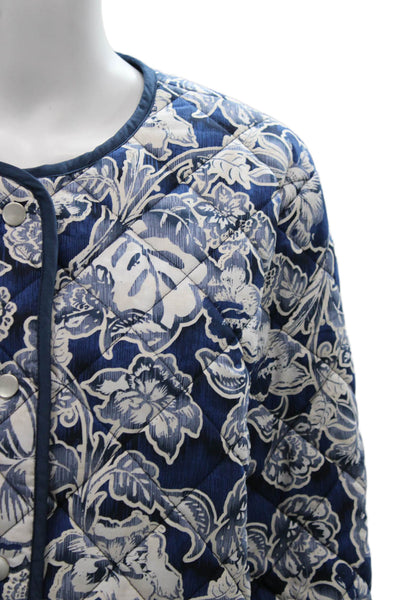 Rachel Zoe Women Blue Quilted Floral Cotton Jacket Button Long Sleeve Size L