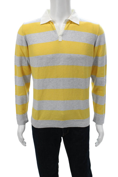 Peter Elliot Men's Polo Yellow Striped Cotton Long Sleeve Collared Size M
