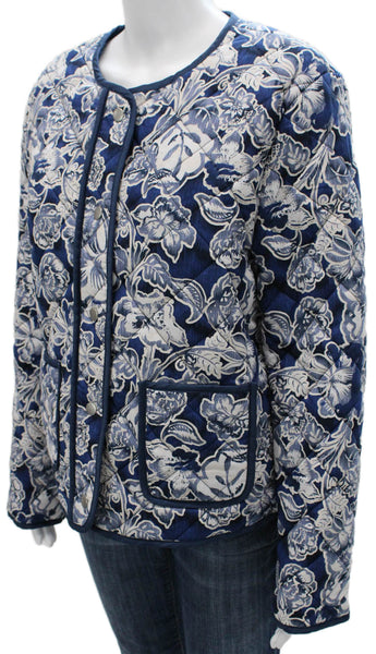 Rachel Zoe Women Blue Quilted Floral Cotton Jacket Button Long Sleeve Size L