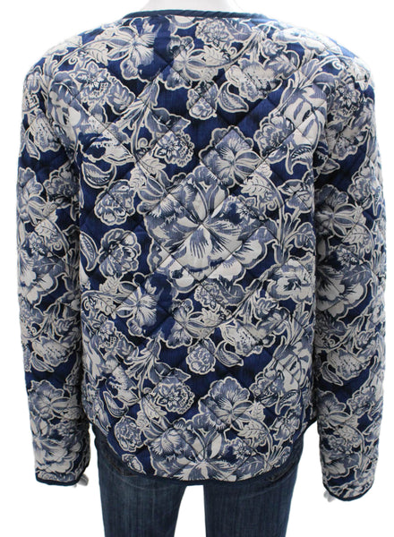 Rachel Zoe Women Blue Quilted Floral Cotton Jacket Button Long Sleeve Size L