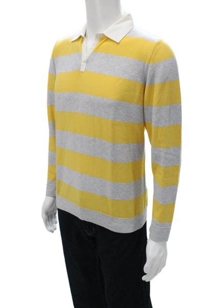 Peter Elliot Men's Polo Yellow Striped Cotton Long Sleeve Collared Size M