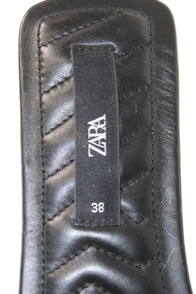 Zara Womens Embossed Leather Square Toe Sandals Black Size EUR 38