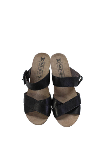 Mephisto Womens Leather Crossed Strap Heeled Sandals Black Size 7