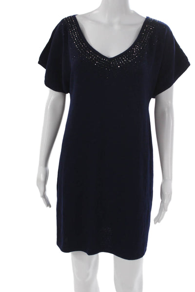 St. John Women Sweater Dress Blue Wool V Neck Short Sleeve Size PP