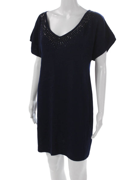 St. John Women Sweater Dress Blue Wool V Neck Short Sleeve Size PP