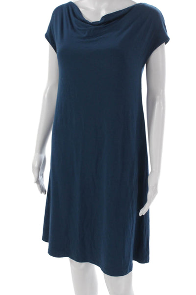 Eileen Fisher Women Shift Dress Blue Cowl Neck Short Sleeve Size XS