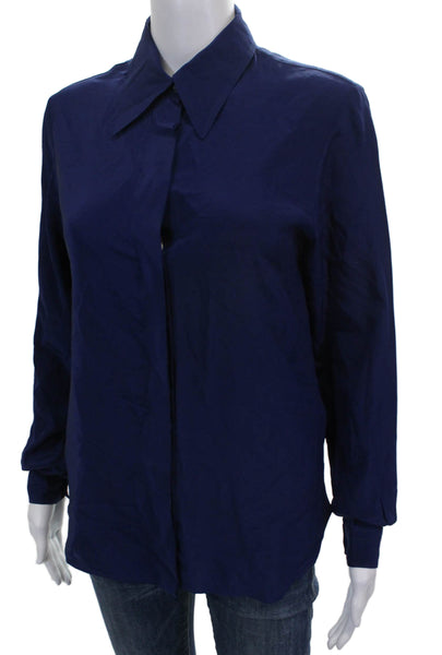 M Missoni Women Basic Silk Collared Button-Up Blue Long Sleeve Size 40