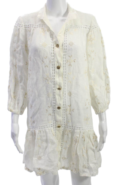 Queen Moda Womens Shirt Dress Ivory Linen Collared 3/4 Sleeve Button Size S