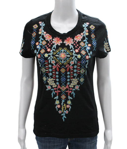 Driftwood Womens Basic Floral Black Cotton Crewneck Short Sleeve T-Shirt Size XS